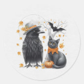 Krähe und Katze Halloween Herbst Crow Ronde Sticker (Voorkant)