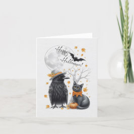 Krähe und Katze Herbst Halloween Crow Grußkarte Bedankkaart