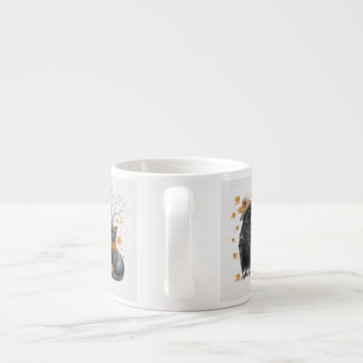 Krähe und Katze im Herbst „Hello Fall“ Crow Espresso Kop (Achterkant)