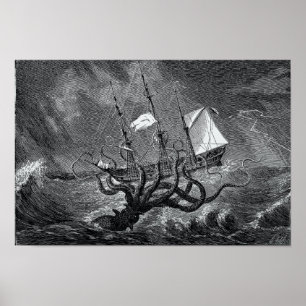 Kraken Attacking Ship  etching Poster