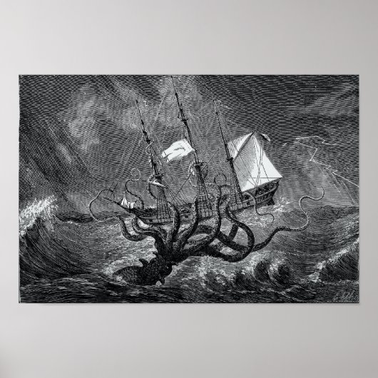 Kraken Attacking Ship etching Poster (Voorkant)