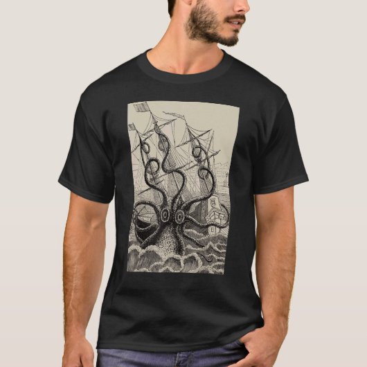  Kraken Attacking Ship Octopus Monster Silh T-shirt (Voorkant)