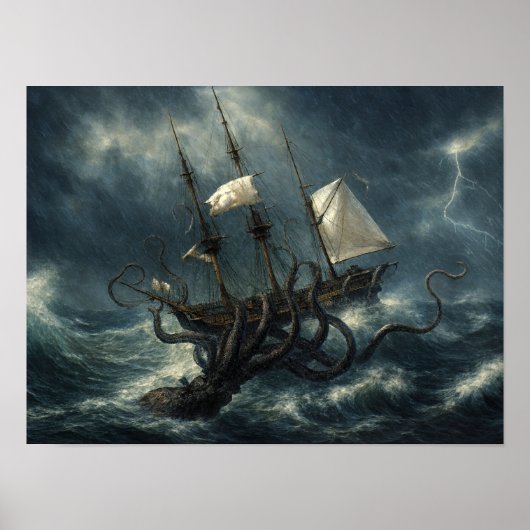 Kraken Attacking Ship Steampunk Poster (Voorkant)