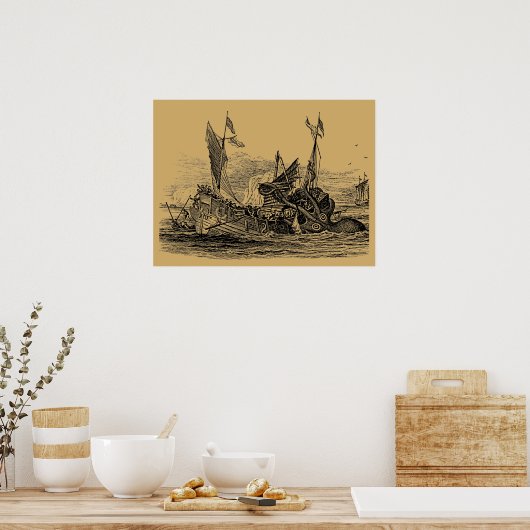 Kraken Attacks Ship  Steampunk Poster (Keuken)