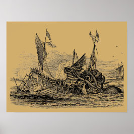 Kraken Attacks Ship  Steampunk Poster