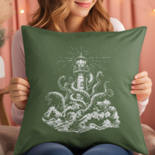 Kraken die een vuurtoren inslikt op groene linnen kussen