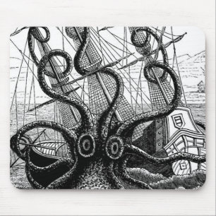 Kraken die een zeilschip opblaast muismat