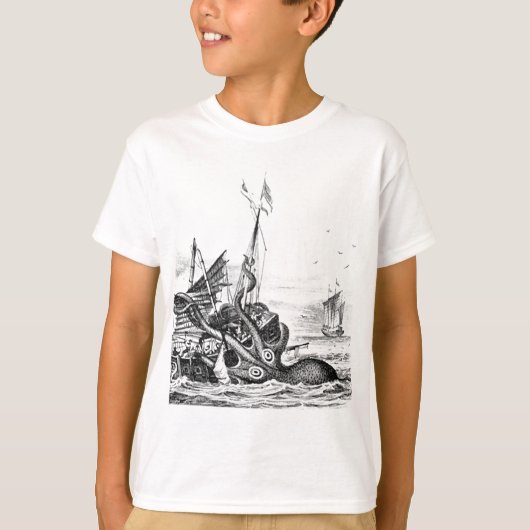 Kraken die een zeilschip opblaast t-shirt (Voorkant)