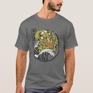 Kraken Eating Ramen Bowl Kanagawa Wave Octopus Ram T-shirt