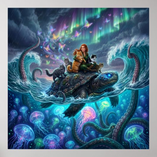 Kraken en de Wereldschildpad — Aurora Fantasy Art Poster (Voorkant)