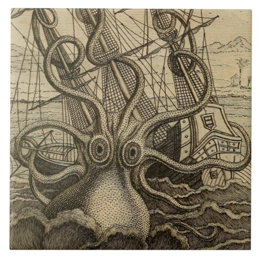  Kraken Giant Squid Zee Monster Ship Poster Tegeltje (Voorkant)