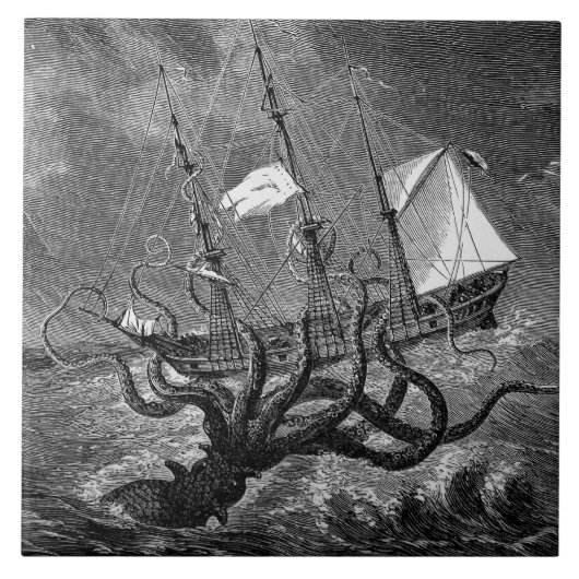  Kraken Giant Squid Zee Monster Ship Poster Tegeltje (Voorkant)