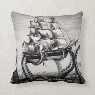 Kraken Holding Pirate/Sailing Ship 20" Pillow Kussen