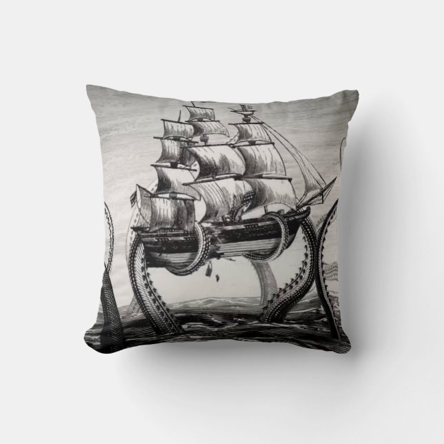 Kraken Holding Pirate/Sailing Ship 20" Pillow Kussen (Voorkant)