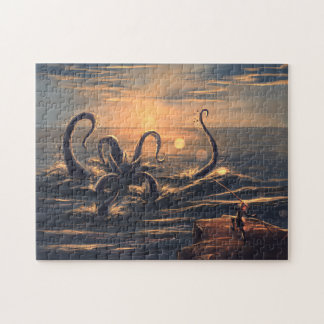Kraken in het zee bij zonsondergang legpuzzel