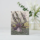 Kraken/octopus die een piraatschip opeet, kleur briefkaart (Staand voorkant)