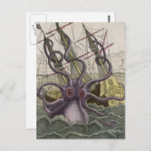 Kraken/octopus die een piraatschip opeet, kleur briefkaart (Voorkant / Achterkant)