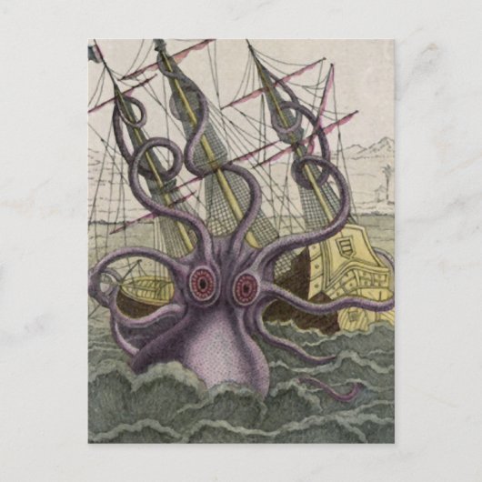 Kraken/octopus die een piraatschip opeet, kleur briefkaart (Voorkant)