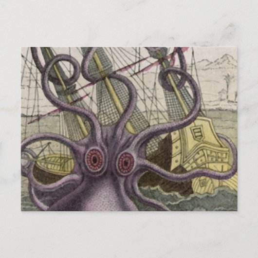 Kraken/octopus die een piraatschip opeet, kleur briefkaart (Voorkant)