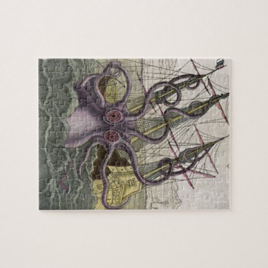 Kraken/octopus die een piraatschip opeet, kleur legpuzzel (Horizontaal)