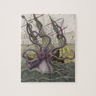 Kraken/octopus die een piraatschip opeet, kleur legpuzzel