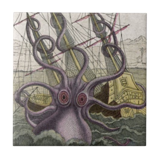 Kraken/octopus die een piraatschip opeet, kleur tegeltje (Voorkant)