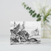 Kraken/octopus die een piraatschip opeet, zwart/wi briefkaart (Staand voorkant)