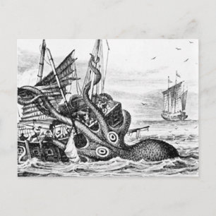 Kraken/octopus die een piraatschip opeet, zwart/wi briefkaart