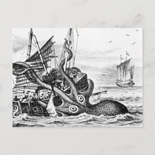 Kraken/octopus die een piraatschip opeet, zwart/wi briefkaart (Voorkant)