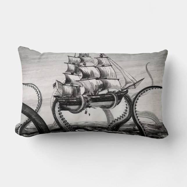 Kraken/octopus die een piraatschip opeet, zwart/wi kussen (Voorkant)