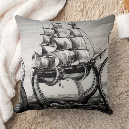 Kraken/octopus die een piraatschip opeet, zwart/wi kussen (Deken)