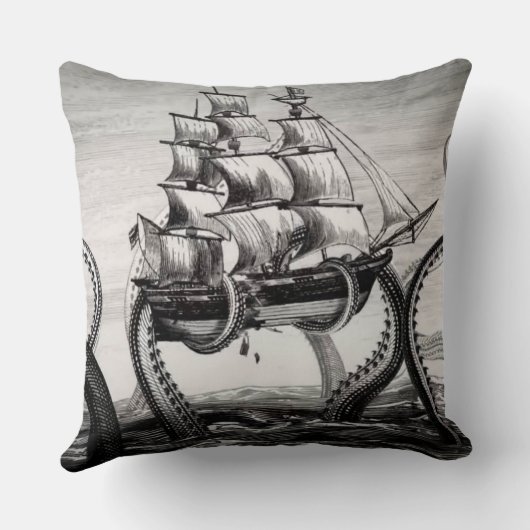 Kraken/octopus die een piraatschip opeet, zwart/wi kussen (Achterkant)