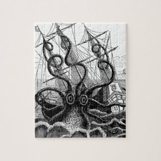 Kraken/octopus die een piraatschip opeet, zwart/wi legpuzzel