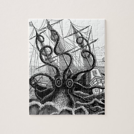 Kraken/octopus die een piraatschip opeet, zwart/wi legpuzzel (Verticaal)