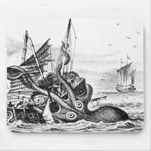 Kraken/octopus die een piraatschip opeet, zwart/wi muismat