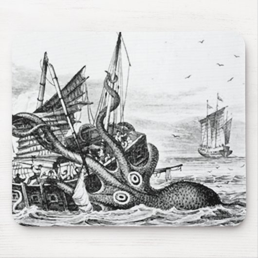 Kraken/octopus die een piraatschip opeet, zwart/wi muismat (Voorkant)