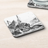 Kraken/octopus die een piraatschip opeet, zwart/wi onderzetter (Linkerzijde)