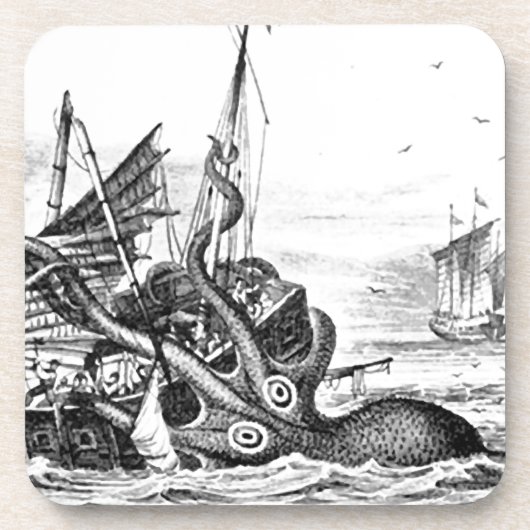 Kraken/octopus die een piraatschip opeet, zwart/wi onderzetter (Voorkant)