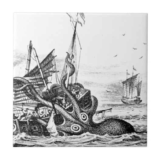 Kraken/octopus die een piraatschip opeet, zwart/wi tegeltje (Voorkant)