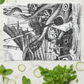 Kraken/octopus die een piraatschip opeet, zwart/wi theedoek (Gevouwen)