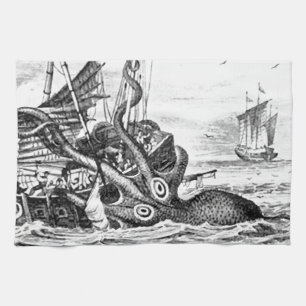 Kraken/octopus die een piraatschip opeet, zwart/wi theedoek