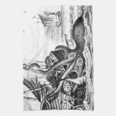Kraken/octopus die een piraatschip opeet, zwart/wi theedoek (Verticaal)