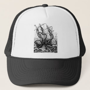 Kraken/octopus die een piraatschip opeet, zwart/wi trucker pet