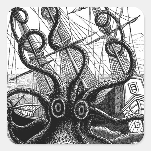 Kraken/Octopus Eten Een Piratenschip, Zwart/Wit Vierkante Sticker (Voorkant)
