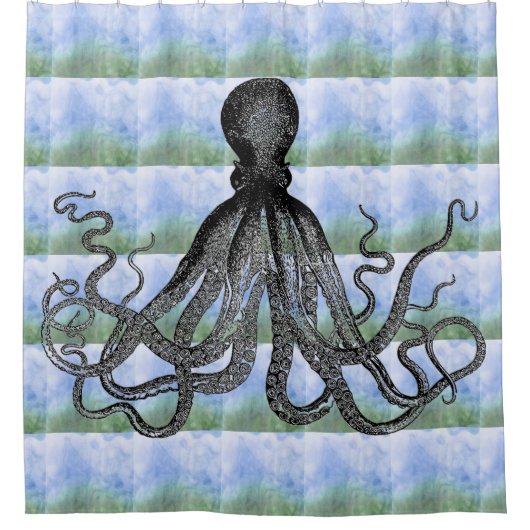 Kraken Octopus op blauwe groene achtergrond Douchegordijn (Voorkant)
