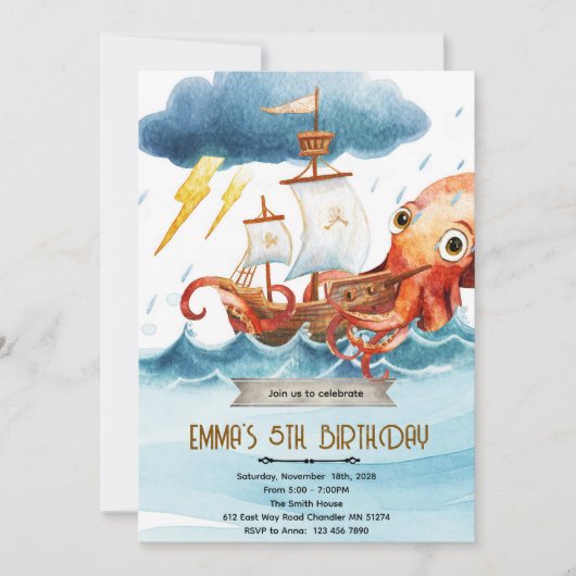 Kraken octopus thema uitnodiging (Voorkant)