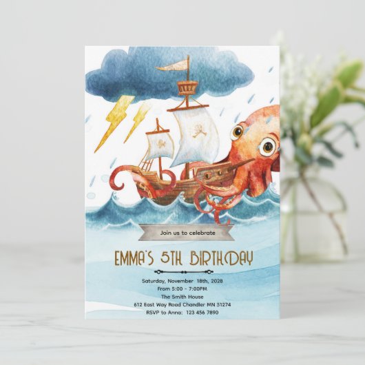 Kraken octopus theme invitation kaart (Staand voorkant)