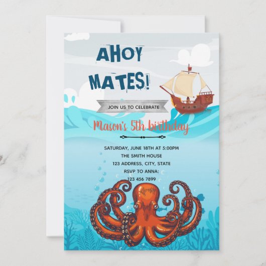 Kraken pirate nautische themauitnodiging bedankkaart (Voorkant)