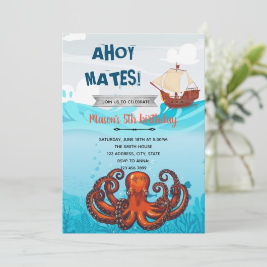 Kraken pirate nautische themauitnodiging bedankkaart (Staand voorkant)