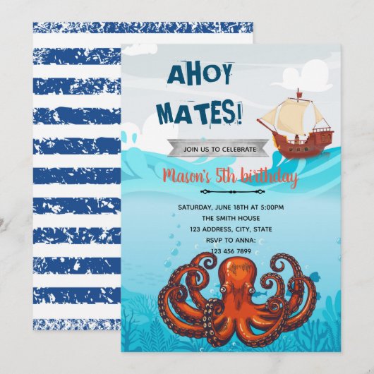 Kraken pirate nautische themauitnodiging bedankkaart (Voorkant / Achterkant)